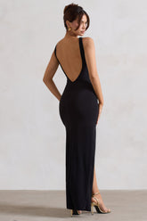 Black Square Neck Maxi Dress with Plunge Back and Side Thigh Split